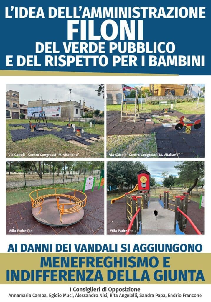 Parco giochi vandalizzati, "ripristinare quelli esistenti prima di costruirne di nuovi"