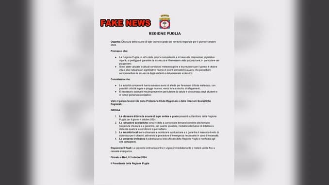 Emiliano chiude le scuole ma è una fake news