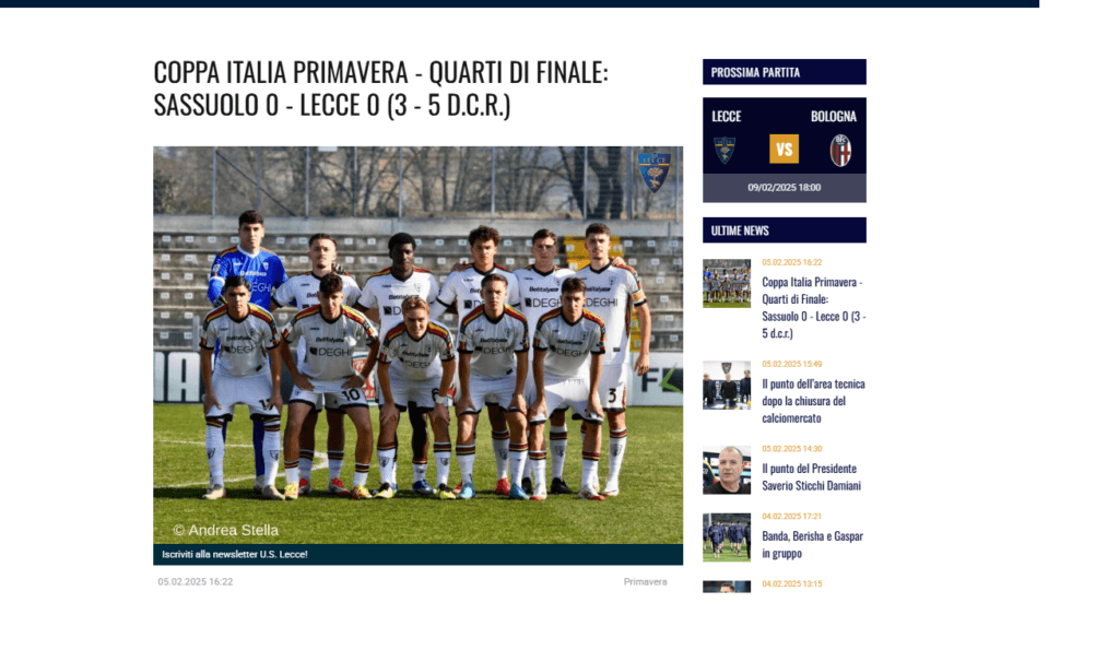Coppa Italia Primavera, Lecce in semifinale, ai rigori col Sassuolo termina 3-5