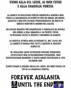 Forever Atalanta, la vicinanza al Lecce: "La morte è uguale per tutti e merita il nostro rispetto"