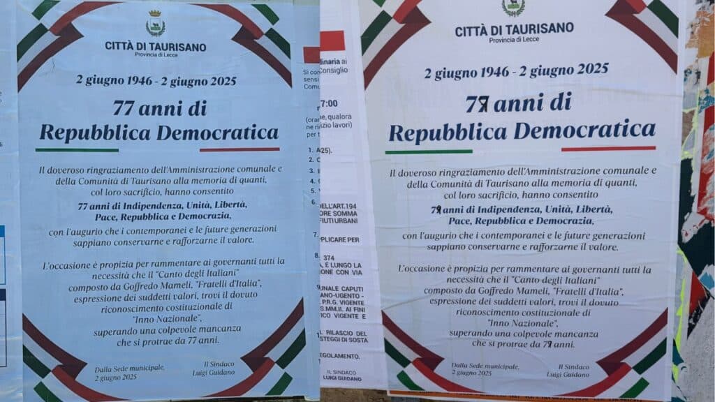 Taurisano, manifesti per la Festa della Repubblica con errore corretti a mano