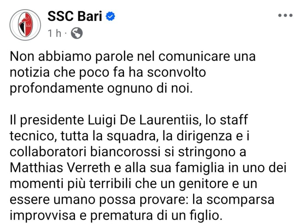 Calcio in lutto: morto il figlio, di appena un anno, del giocatore del Bari Verreth
