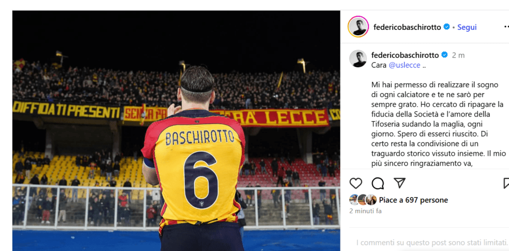 Baschirotto su Instagram ringrazia tutti e saluta