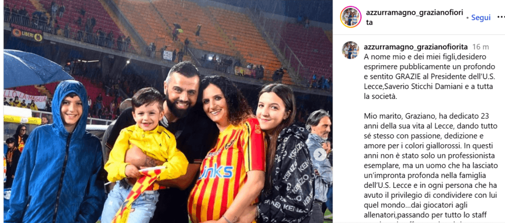 Le parole di Azzurra, la moglie di Graziano Fiorita: “Grazie US Lecce”