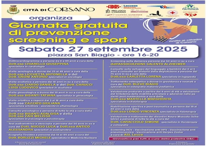 Sabato 27 settembre a Corsano "Giornata di Prevenzione e Screening gratuito"