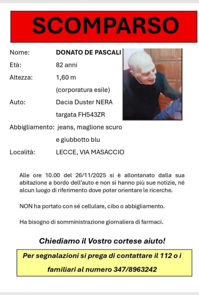 Anziano scomparso a Lecce: ricerche in corso