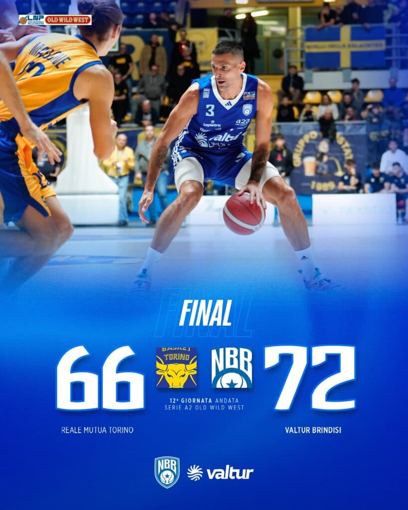 Basket A2: Valtur Brindisi vince in trasferta contro Reale Mutua Torino