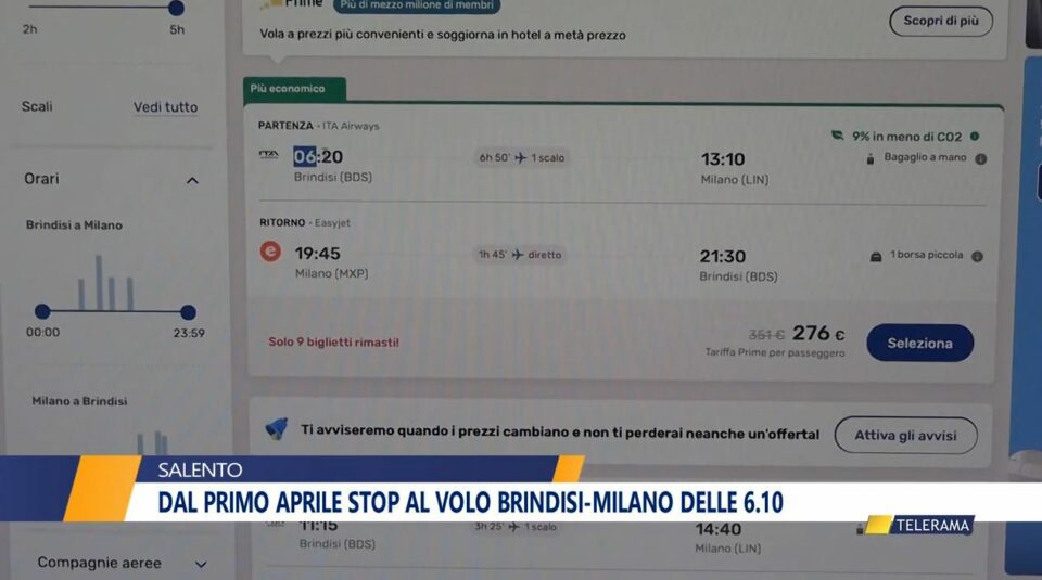 Dal primo aprile sospeso il volo delle 6.10 Brindisi Milano