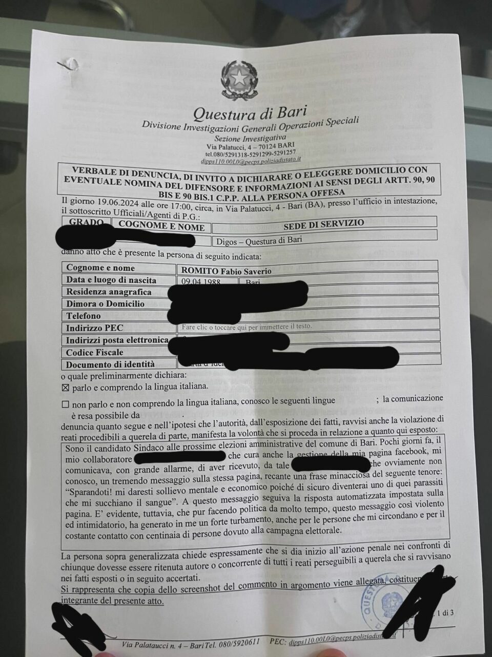 Minacce a Fabio Romito