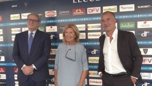 Il Commissario per i Giochi del Mediterraneo Massimo Ferrarese, il sindaco di Lecce, Adriana Poli Bortone, il presidente del Lecce, Saverio Sticchi Damiani